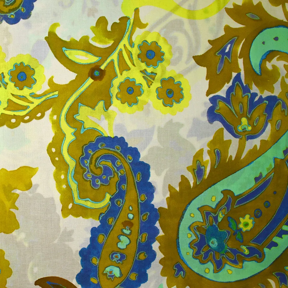 Voile de coton imprimé cachemire jaune fluo et turquoise fond écru – Image 6