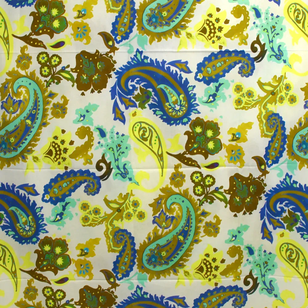 Voile de coton imprimé cachemire jaune fluo et turquoise fond écru – Image 4