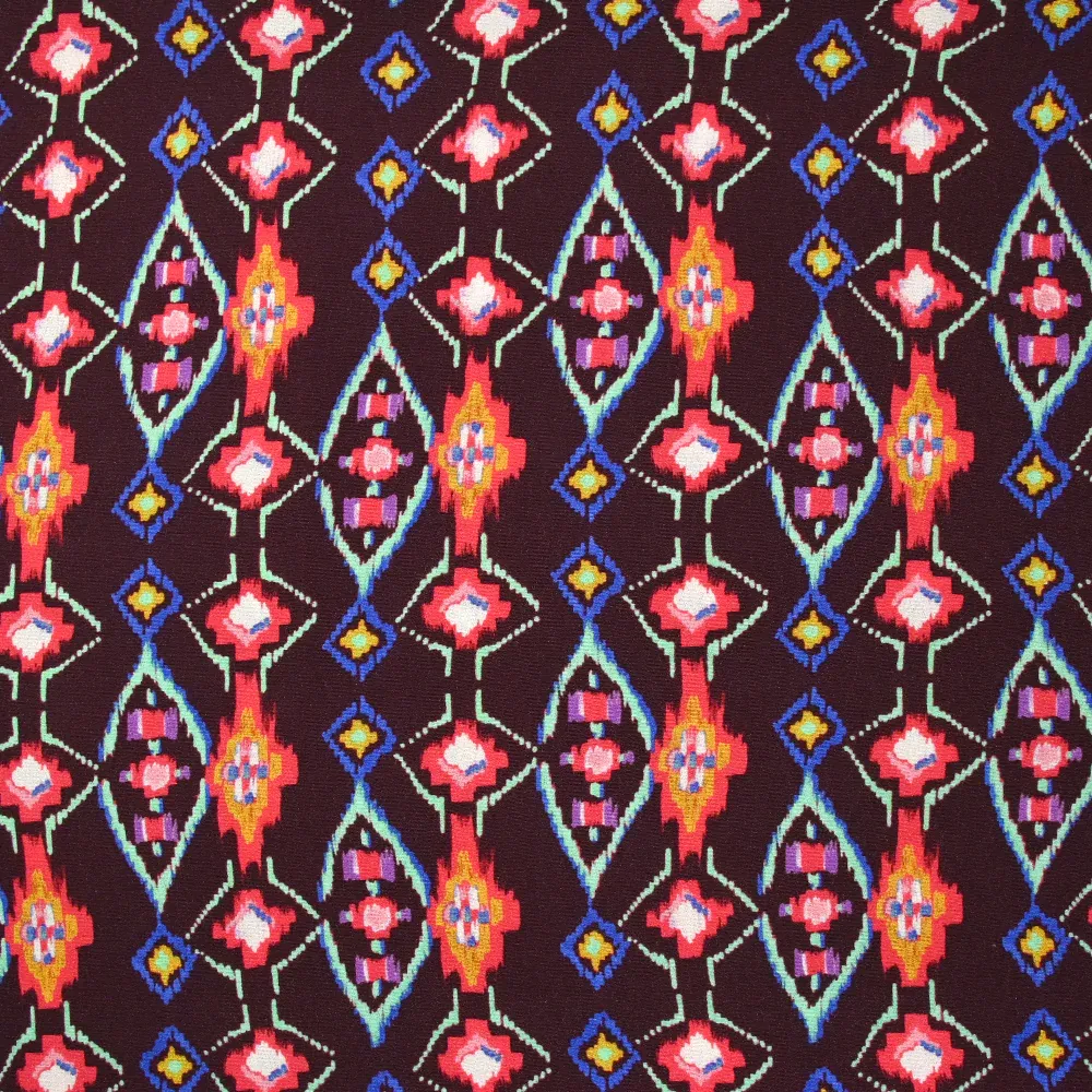 Crêpe viscose imprimé éclat mystique fuchsia et vert d'eau fond lie de vin