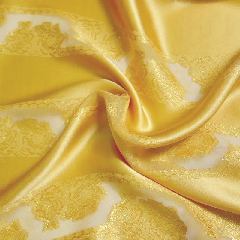 Satin de Soie ocre bandes de jacquard tissées dorées