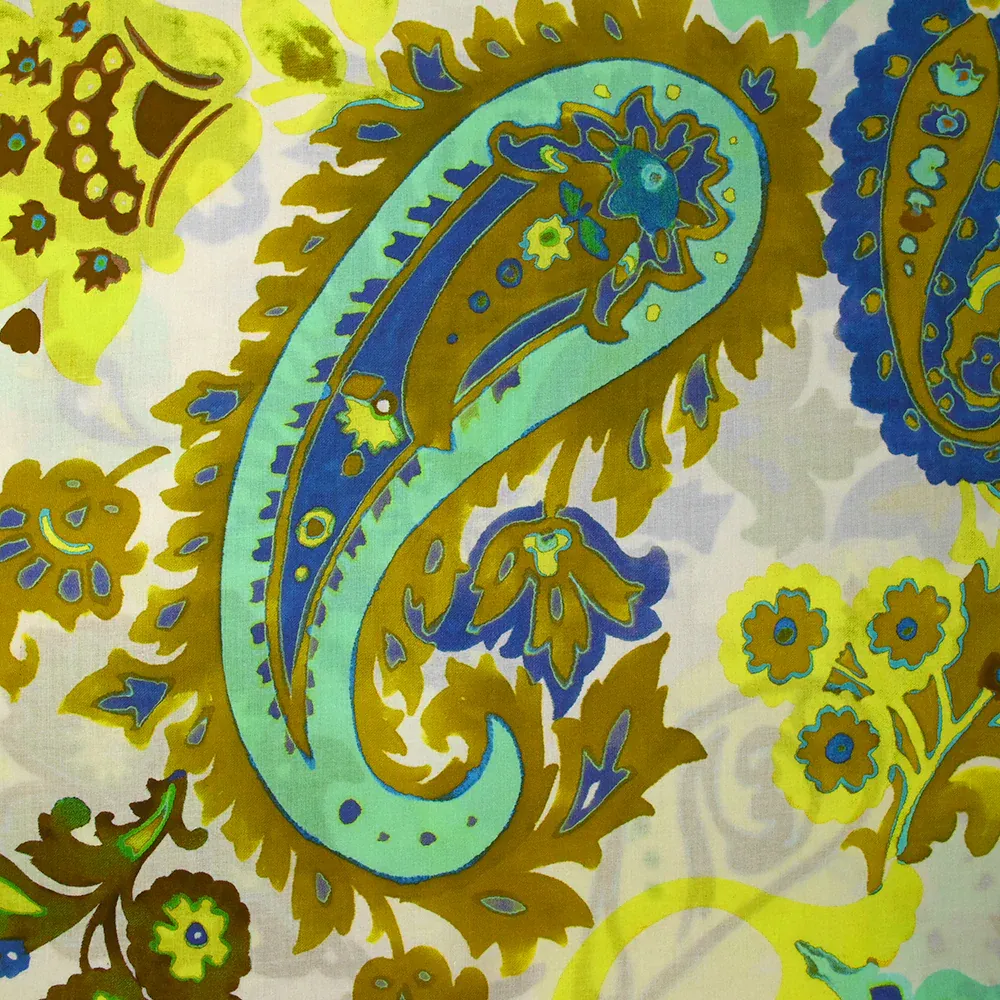 Voile de coton imprimé cachemire jaune fluo et turquoise fond écru